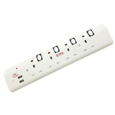 Innoteck 4 Way 5 Meter Switched Extension Lead with 2USB charging ports - Neon Surge Protection Guard - White