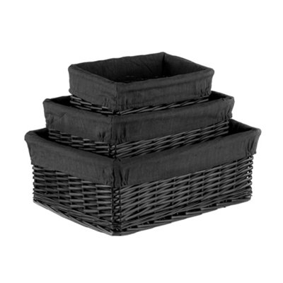 Innoteck Essentials Wicker Storage Baskets with Cloth Lining(Set of 3) - Black.