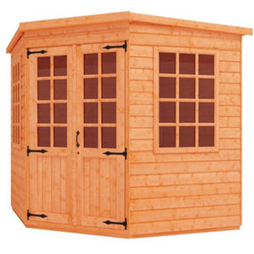 INSATLLED - 7ft x 7ft (2.05m x 2.05m) Wooden Corner Tongue and Groove APEX Summerhouse (12mm T&G Floor + Roof) (7 x 7) (7x7)