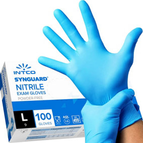 Intco Synguard Nitrile Exam Gloves - Large - Blue 100 pack Powder/Latex Free - Medical Grade