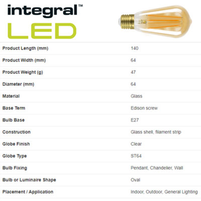 Integral 5W LED Filament Lamp - Ultra Warm 1800K Dimmable Energy Saving Bulb 4 Pack