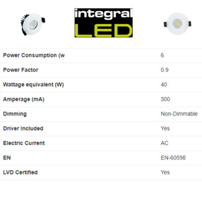 Integral LED 6W Low Profile Fire rated Downlight with Integrated Bulb - 3000K / 510lm: 4 Pack
