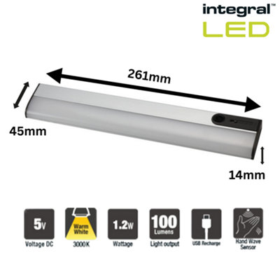 Integral LED Cabinet Wardrobe Light 261mm 100lm 3000K with IR Hand wave Sensor: Dimmable with Rechargeable Battery: Twin Pack
