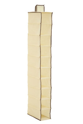 Interiors by Premier 10-Section Hanging Shoe Organiser In Cream With Brown Trim, Space-Saving Fabric Shoe Rack For Closets