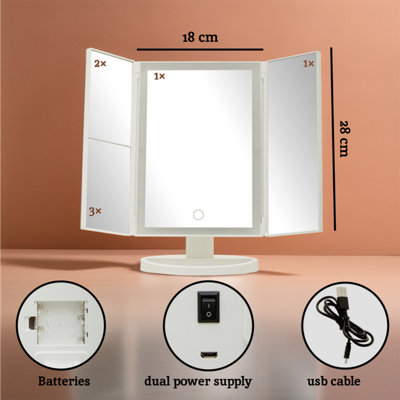 Interiors by Premier 180 Degree Rotatable Tri Fold White Table Mirror, TriFold Design Table Mirror, Versatile Small Table Mirror