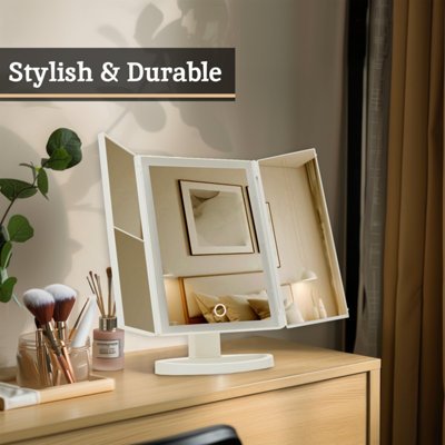 Interiors by Premier 180 Degree Rotatable Tri Fold White Table Mirror, TriFold Design Table Mirror, Versatile Small Table Mirror