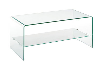 Interiors by Premier 2 Tier Bent Glass Coffee Table, Modern Coffee Table With Storage and Chrome Clips, Large Coffee Table