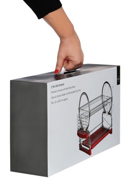 Interiors by Premier 2 Tier Dish Drainer With Red Plastic Tray, Chrome Wire Rack With Dual Levels, Removable Drip Tray For Easy