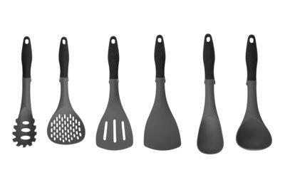 Interiors by Premier 6 Piece Silicone Kitchen Tool Set with Stand, Modern Silicone Utensil Set, Black and Grey Cooking Tool Set