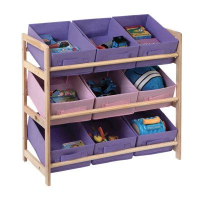 Interiors by Premier 9 Canvas Tubs Kids Storage Unit, Natural Wooden Storage Unit, Colorful Pink and Purple Toys Organiser