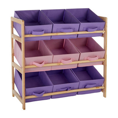 Interiors by Premier 9 Canvas Tubs Kids Storage Unit, Natural Wooden Storage Unit, Colorful Pink and Purple Toys Organiser