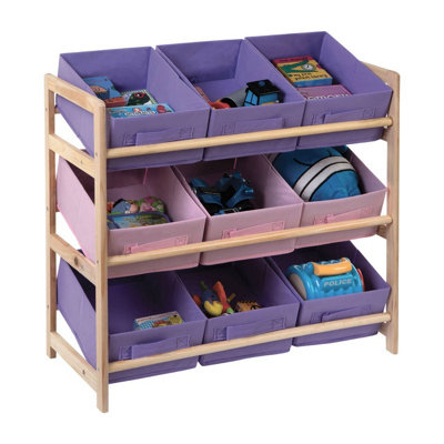 Interiors by Premier 9 Canvas Tubs Kids Storage Unit, Natural Wooden Storage Unit, Colorful Pink and Purple Toys Organiser