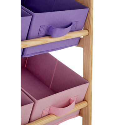 Interiors by Premier 9 Canvas Tubs Kids Storage Unit, Natural Wooden Storage Unit, Colorful Pink and Purple Toys Organiser