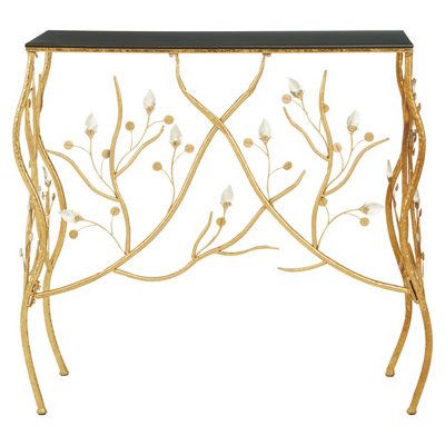 Interiors By Premier Acryclic Buds Rectangular Table With Black Top, Elegant Side Table, Gold Metal Outdoor Lounge Table