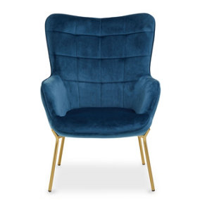 Interiors by Premier And Durable Blue Velvet Armchair with Gold Legs, High Back Patterned Armchair, Easy to Maintain Bucket Chair