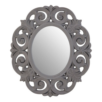 Interiors By Premier Antique Grey Scroll Design Wall Mirror,Bedroom Mirror,Weathered Finish Oval Mirror With Scrolled Leaves