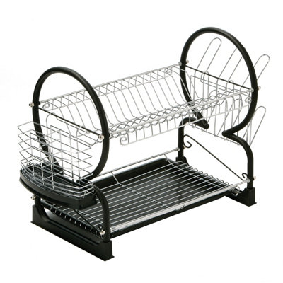 Interiors by Premier Black 2 Tier Dish Drainer, Modern Chrome and Black Dish Drainer, Stylish Dish Drainer with Drip Tray