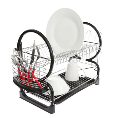 Interiors by Premier Black 2 Tier Dish Drainer, Modern Chrome and Black Dish Drainer, Stylish Dish Drainer with Drip Tray