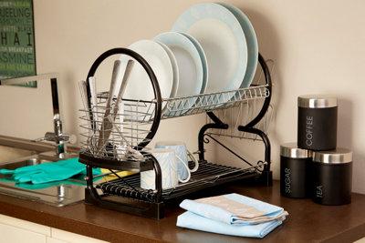 Interiors by Premier Black 2 Tier Dish Drainer, Modern Chrome and Black Dish Drainer, Stylish Dish Drainer with Drip Tray