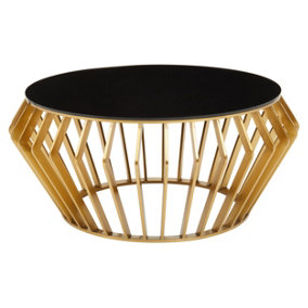 Interiors by Premier Black and Gold Round Coffee Table, Modern Black Glass Coffee Table, Luxury Metal and Glass Coffee Table