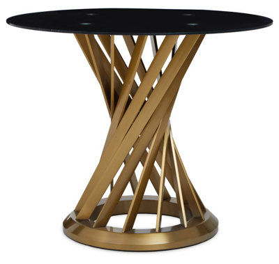 Interiors by Premier Black Glass and Gold Hourglass Base Dining Table, Modern Black and Gold Round Dining Table for Modern Homes