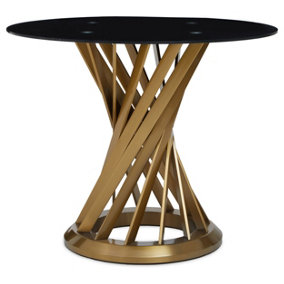 Interiors by Premier Black Glass and Gold Hourglass Base Dining Table, Modern Black and Gold Round Dining Table for Modern Homes