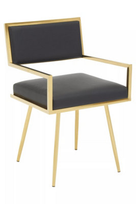 Interiors by Premier Black Leather Effect Dining Chair, Cut-Out Back Gold Finish Accent Chair, Velvet Upholstery Dining Chair