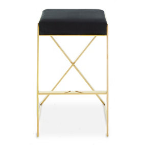 Interiors by Premier Black Velvet Bar Stool, Gold Finish Frame Bar Chair with Footrest, Modern Design Home Stool for Living Area
