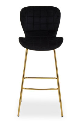 Interiors by Premier Black Velvet Stool, Luxury Bar Stool, Modern Black Velvet Bar Chair with Quilted Design and Gold Legs