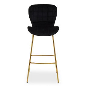 Interiors by Premier Black Velvet Stool, Luxury Bar Stool, Modern Black Velvet Bar Chair with Quilted Design and Gold Legs