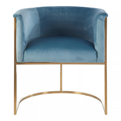 Interiors by Premier Blue Velvet Dining Chair with Arms, Matte Gold Base Armchair for Dinner, Dining Room, Home and Office