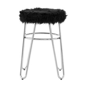 Interiors by Premier Chrome Metal and Black Faux Fur Stool, Small Hairpin Round Stool, Plush Fur Stool for Lounge, Bedroom