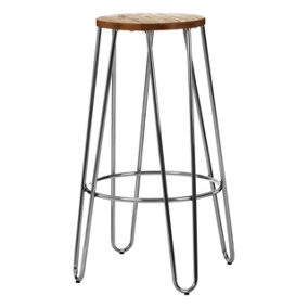 Interiors by Premier Chrome Metal and Elm Wood Round Bar Stool, Hairpin Stool, Sturdy Stool for Bar, Kitchen Counter