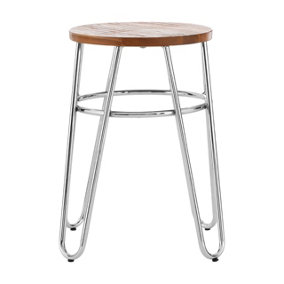 Interiors by Premier Chrome Metal and Elm Wood Round Stool, Small Hairpin Stool, Sturdy Stool for Lounge, Bedroom, Bar Stool