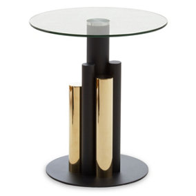 Interiors by Premier Clear Glass Side Table, Black and Gold Columned Base, Modern Side Table for Living Room and Hallway