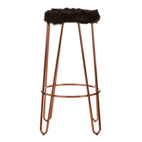 Interiors by Premier Contemporary Rose Gold Metal and Black Faux Fur Bar Stool, Hairpin Round Stool, Fur Stool for Kitchen Counter