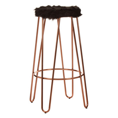 Interiors by Premier Contemporary Rose Gold Metal and Black Faux Fur Bar Stool, Hairpin Round Stool, Fur Stool for Kitchen Counter