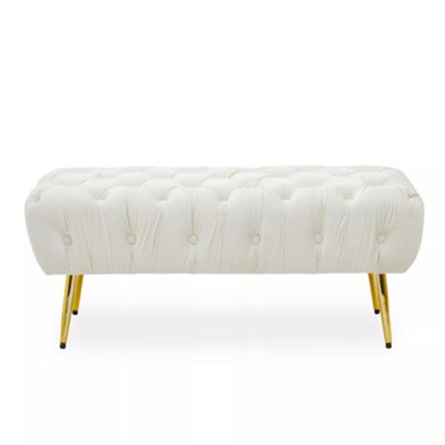Interiors by Premier Cream Velvet Footstool Bench Ottoman Footstool with Soft Upholstery Gold Finish Leg Velvet