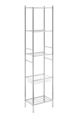 Interiors By Premier Durable 5 Tier Chrome Shelf Unit With Basket, Sturdy Standing Shelves For Livingroom, Spacious Shelf Unit