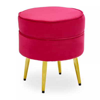 Interiors by Premier Elegant Round Bright Pink Velvet Gold Leg Footstool, Plush Foam Padded Gold Finished Footrest For Bedrooms