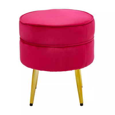 Interiors by Premier Elegant Round Bright Pink Velvet Gold Leg Footstool, Plush Foam Padded Gold Finished Footrest For Bedrooms