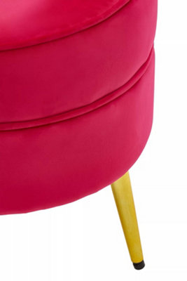 Interiors by Premier Elegant Round Bright Pink Velvet Gold Leg Footstool, Plush Foam Padded Gold Finished Footrest For Bedrooms