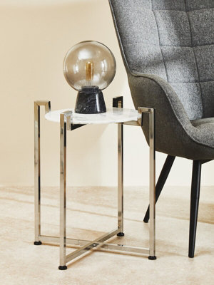 Interiors By Premier Elegant White Marble Side Table With Chrome Base, Durable Side Table By Couch, Versatile Small Lounge Table
