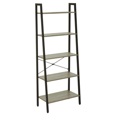 Interiors By Premier Five Tier Grey Oak Veneer Ladder Shelf Unit, Functional Industrial Narrow Shelf, Stylish Tall Cupboard