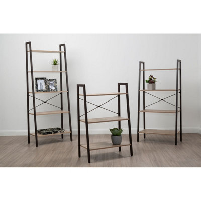 Interiors By Premier Five Tier Grey Oak Veneer Ladder Shelf Unit, Functional Industrial Narrow Shelf, Stylish Tall Cupboard