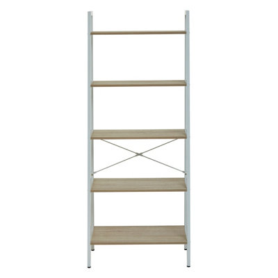 Interiors By Premier Five Tier Natural Oak Veneer Ladder Shelf Unit, Functional Industrial Narrow Shelf, Versatile Tall Cupboard