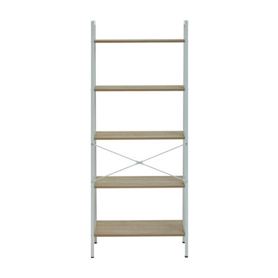 Interiors By Premier Five Tier Natural Oak Veneer Ladder Shelf Unit, Functional Industrial Narrow Shelf, Versatile Tall Cupboard