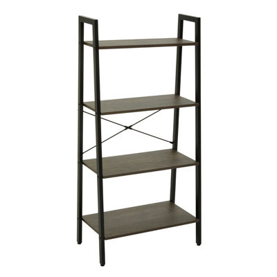 Interiors By Premier Functional Four Tier Dark Oak Veneer Ladder Shelf Unit, Stylish Industrial Narrow Shelf, Versatile Cupboard