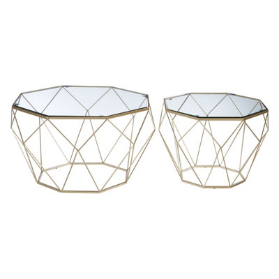 Interiors By Premier Geometric Set Of 2 Clear Glass Tables, Iron Frame Side Table By Couch, Champagne Finish Lounge Table