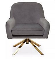 Interiors by Premier Grey Armchair with Velvet Upholstery, Angular Base with Gold Finish, Velvet Dining Chair for Living Room